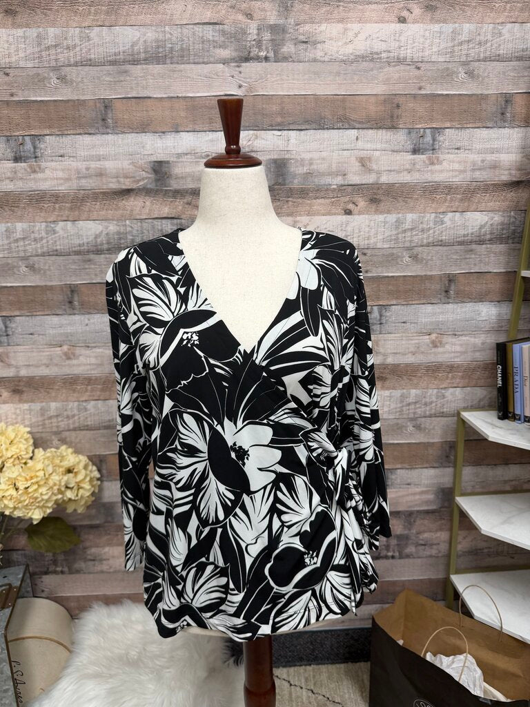 Chico's Black & White Floral Print Wrap Blouse