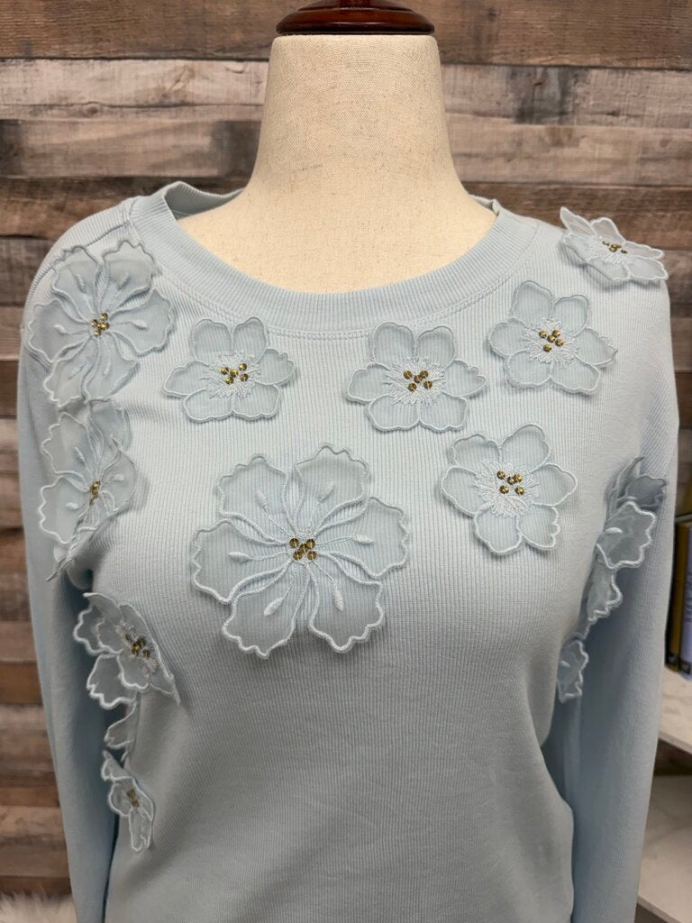 NWT Anthropologie Blue 3-D Floral Crewneck