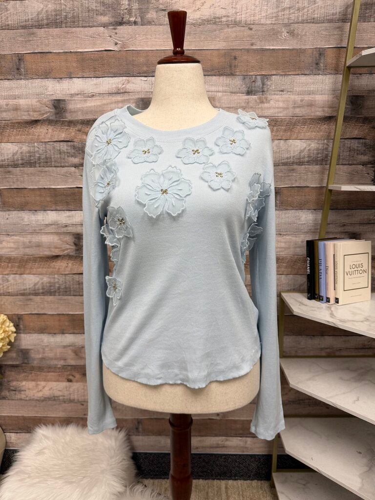 NWT Anthropologie Blue 3-D Floral Crewneck