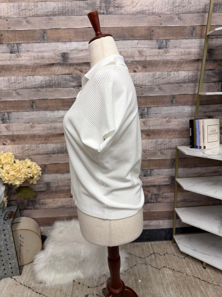 Mila Milano White Short Sleeve Collard Sweater