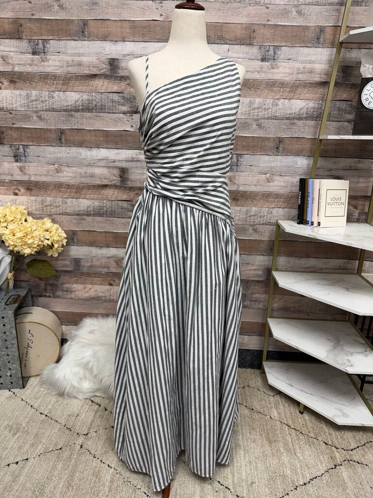 Commense Grey/White Striped 1 Shoulder Dress