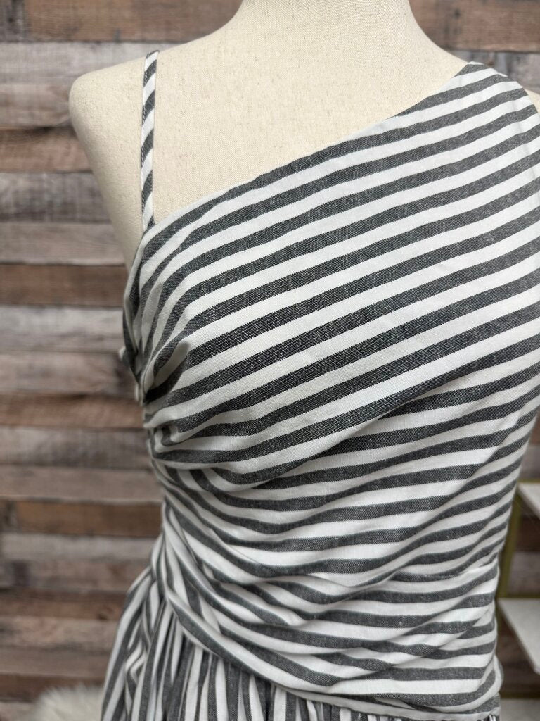 Commense Grey/White Striped 1 Shoulder Dress