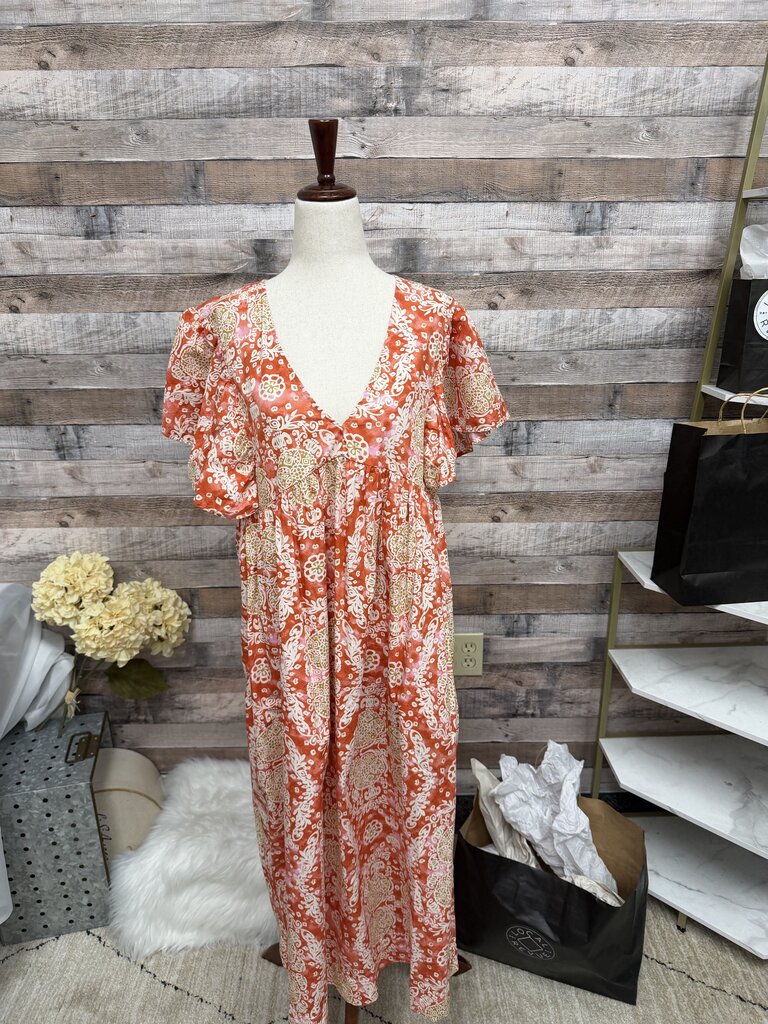 Maeve Red/Brown Floral Ruffle Sleeve Dress