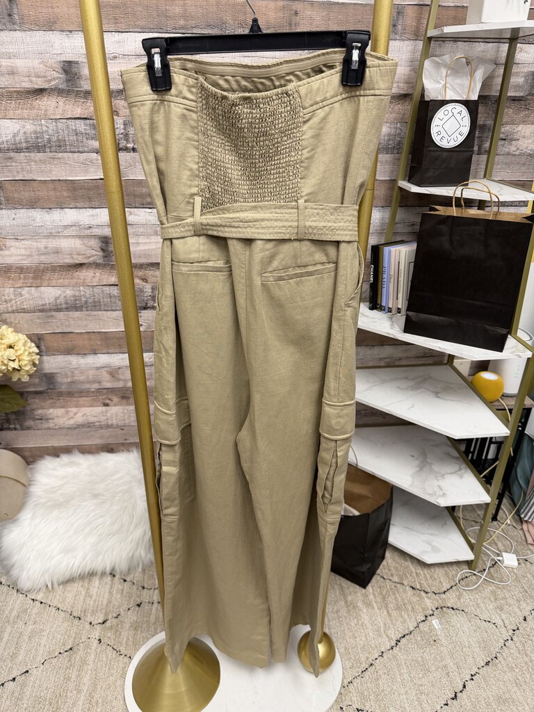 GAP Strapless Tan Cargo Pocket Tie Waist Jumpsuit