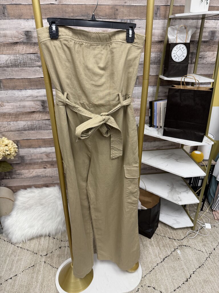 GAP Strapless Tan Cargo Pocket Tie Waist Jumpsuit