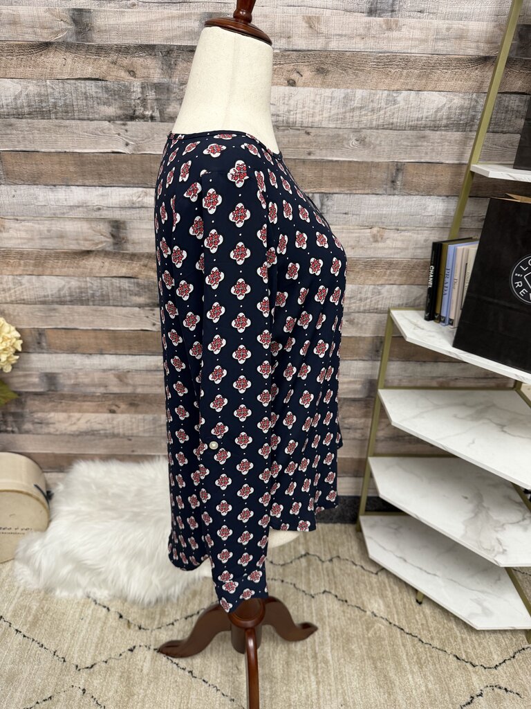 Loft Navy Long Sleeve Blouse With Red & White Floral Pattern