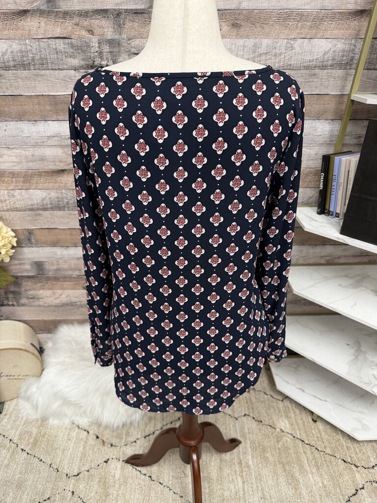 Loft Navy Long Sleeve Blouse With Red & White Floral Pattern
