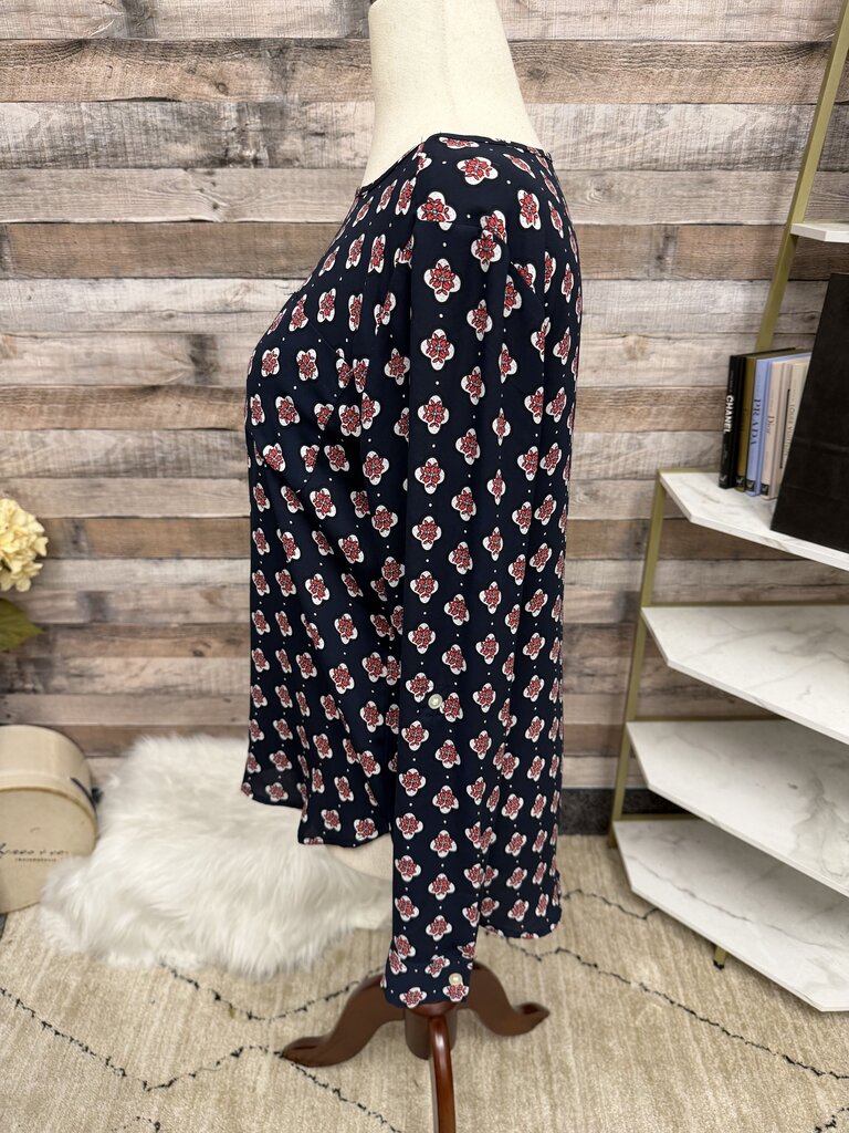 Loft Navy Long Sleeve Blouse With Red & White Floral Pattern