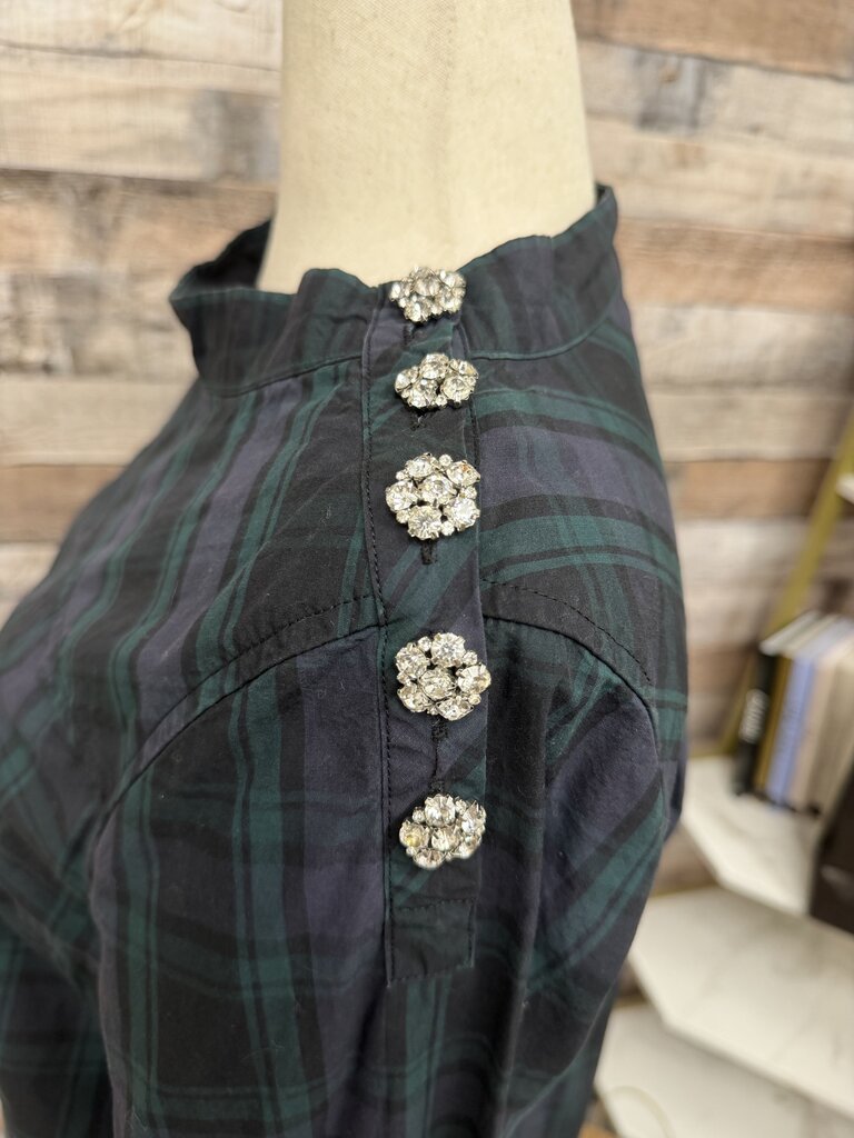 J.Crew Green & Black Plaid Blouse With Silver Button Detail