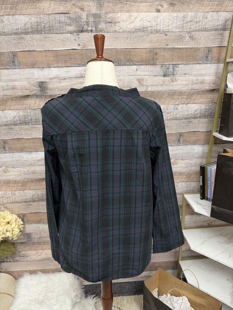 J.Crew Green & Black Plaid Blouse With Silver Button Detail