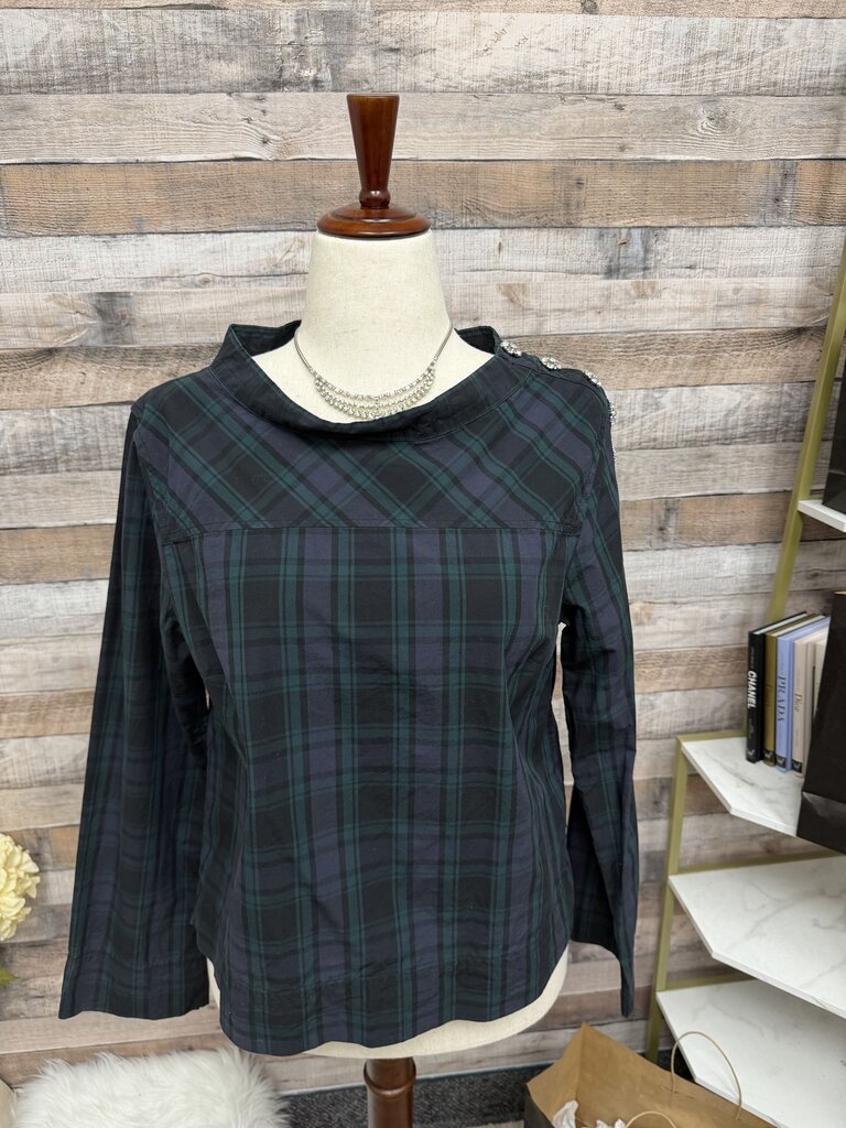 J.Crew Green & Black Plaid Blouse With Silver Button Detail