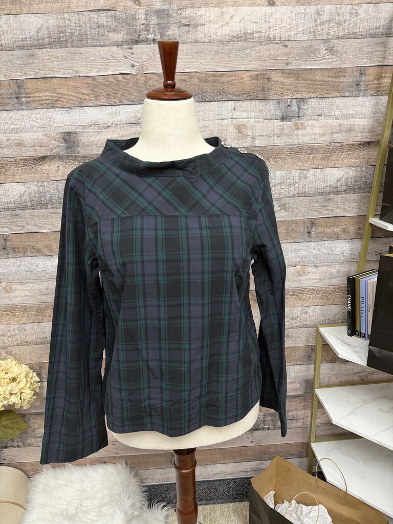 J.Crew Green & Black Plaid Blouse With Silver Button Detail