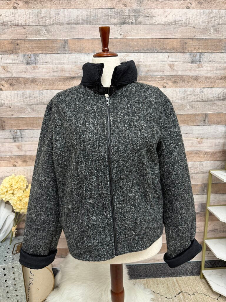 Orvis Grey/Black Knit Belt Collar Bomber Jacket