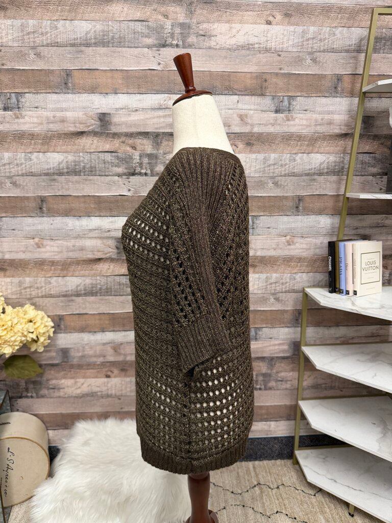 Brown Open Knit Short Sleeve Mesh Sweater