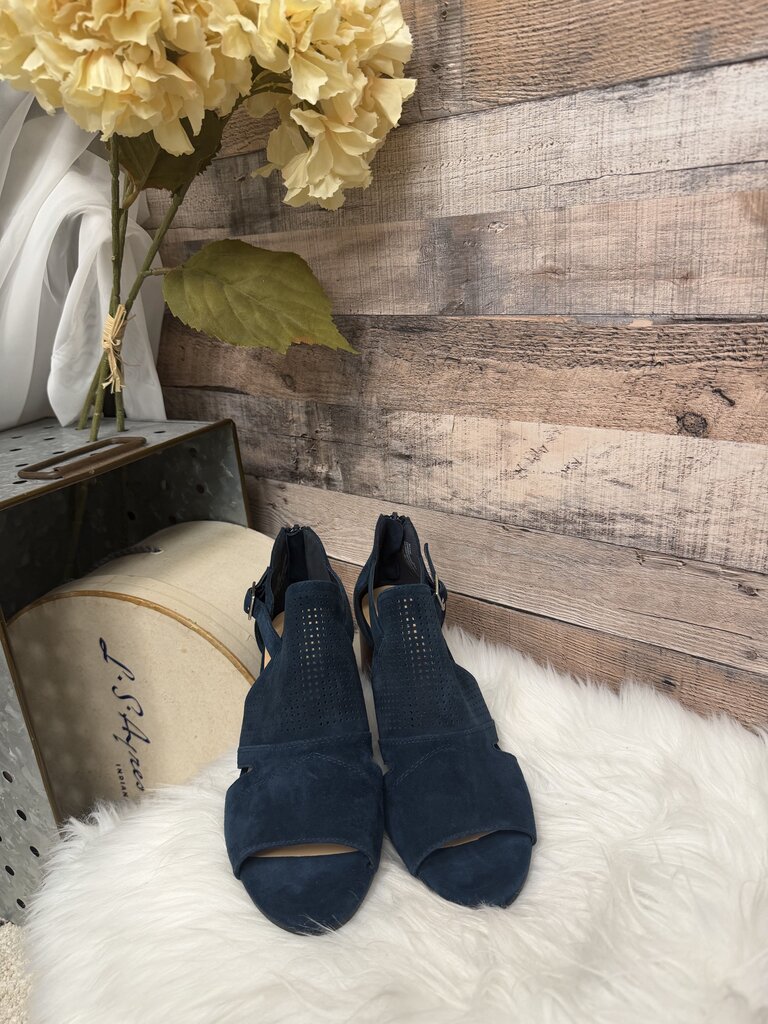 Bella Vita Blue Suede Black Heel Peep Toe Sandal