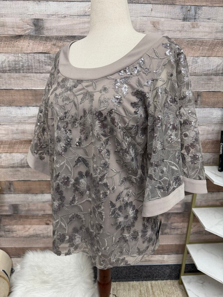 NWT R&M Richards Taupe Short Sleeve Sequin & Mesh