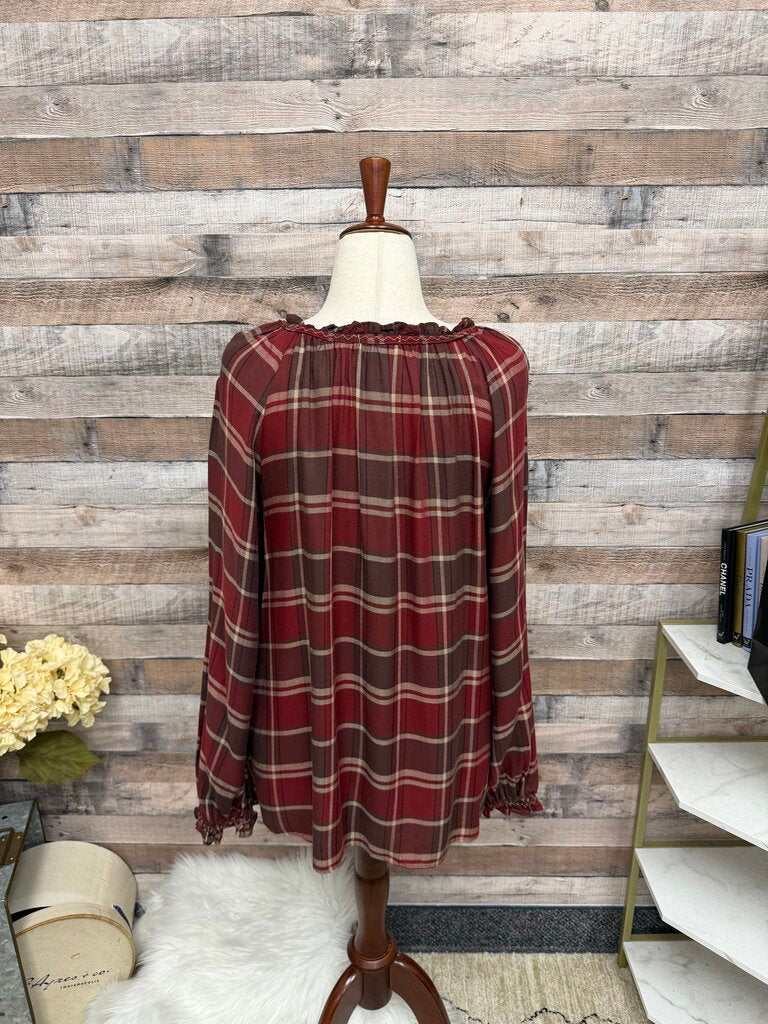 Max Studio Burgundy & Brown Plaid Peasant Ruffle Neck