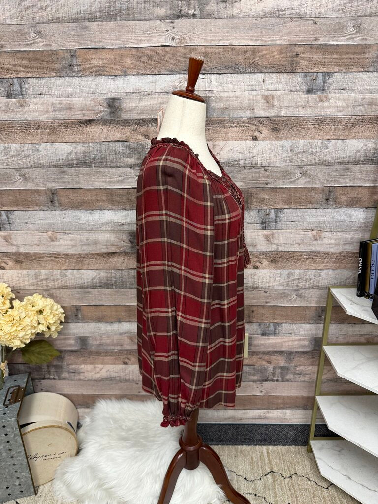 Max Studio Burgundy & Brown Plaid Peasant Ruffle Neck