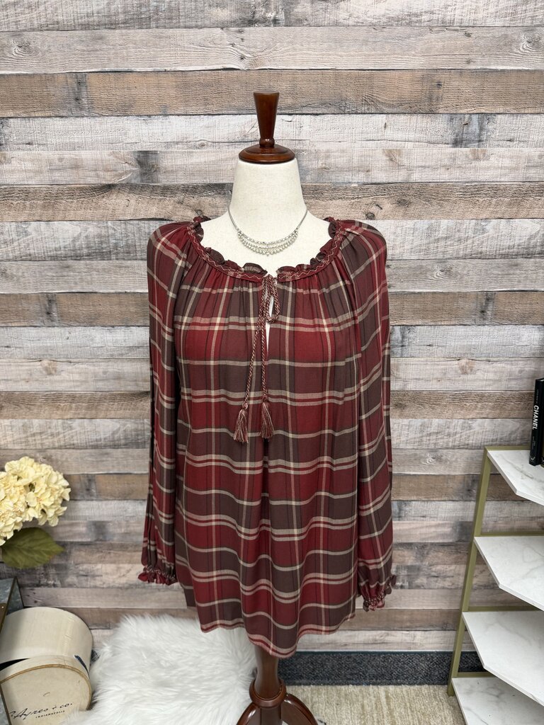 Max Studio Burgundy & Brown Plaid Peasant Ruffle Neck