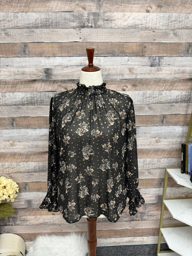 NWT Pelion Black Sheer Long Sleeve Floral Print w/Gold Polka Dots