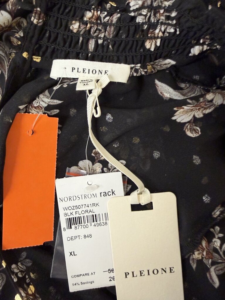 NWT Pelion Black Sheer Long Sleeve Floral Print w/Gold Polka Dots