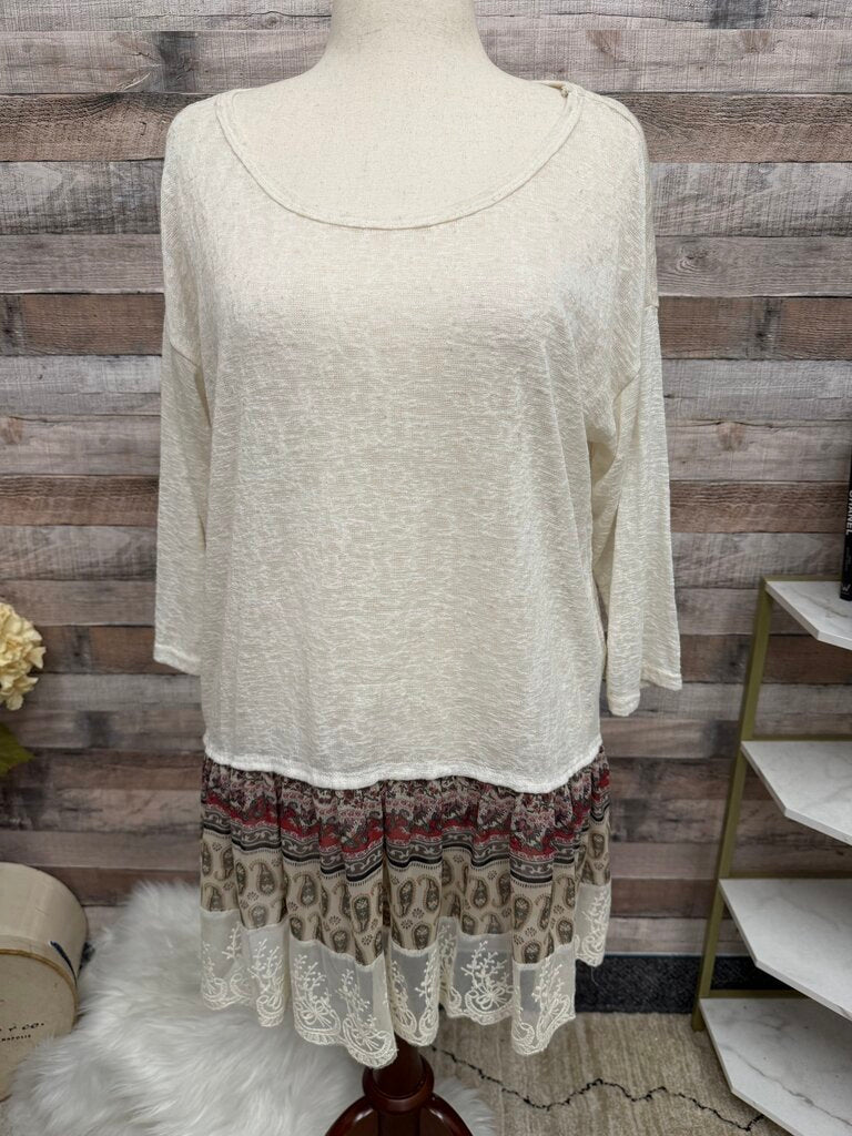 My Story Cream Sheer Tunic w/Paisley & Lace Ruffle Hem