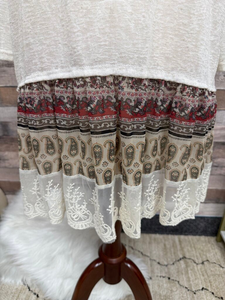 My Story Cream Sheer Tunic w/Paisley & Lace Ruffle Hem