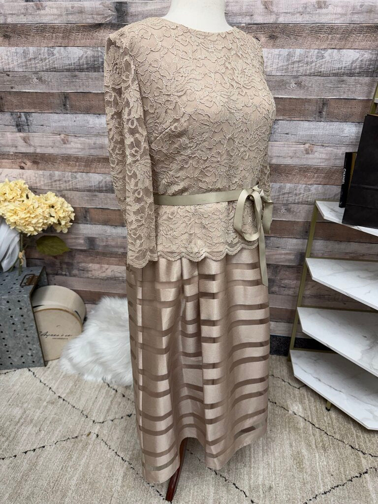 Alex Evening Tan Lace & Satin Stripe Dress
