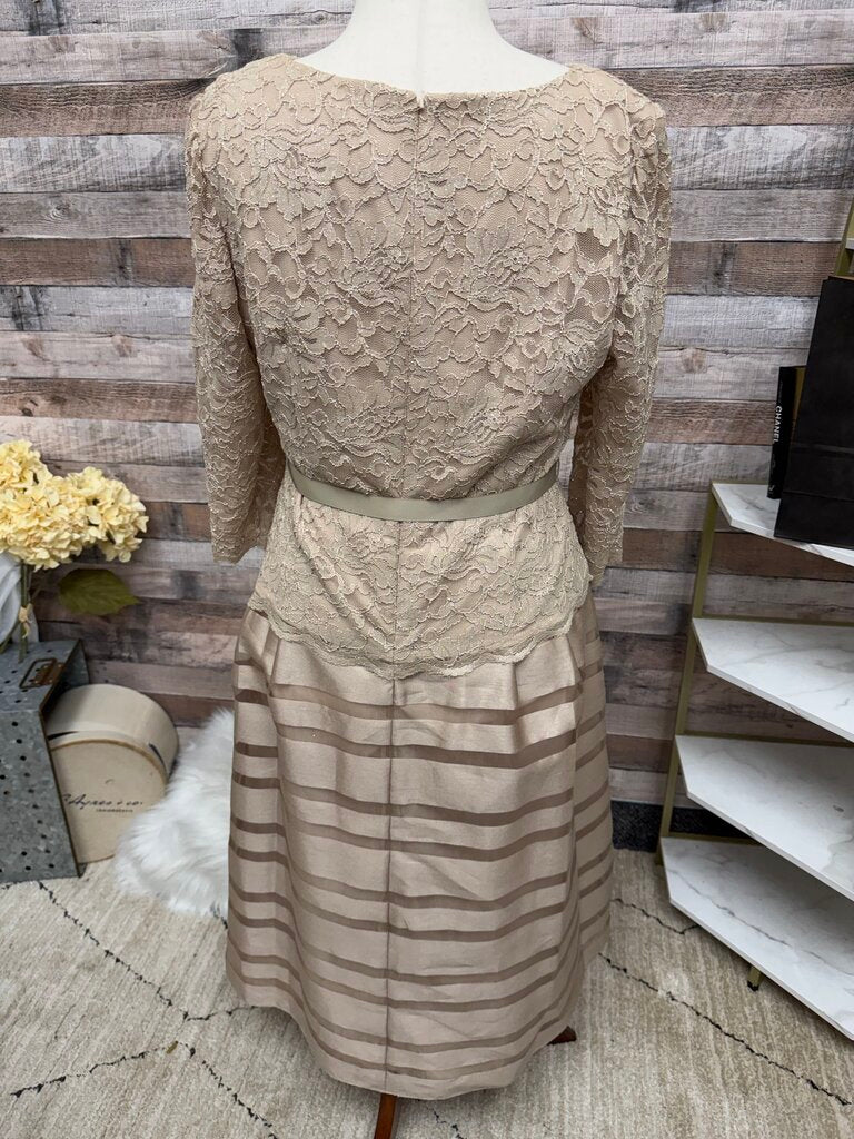 Alex Evening Tan Lace & Satin Stripe Dress
