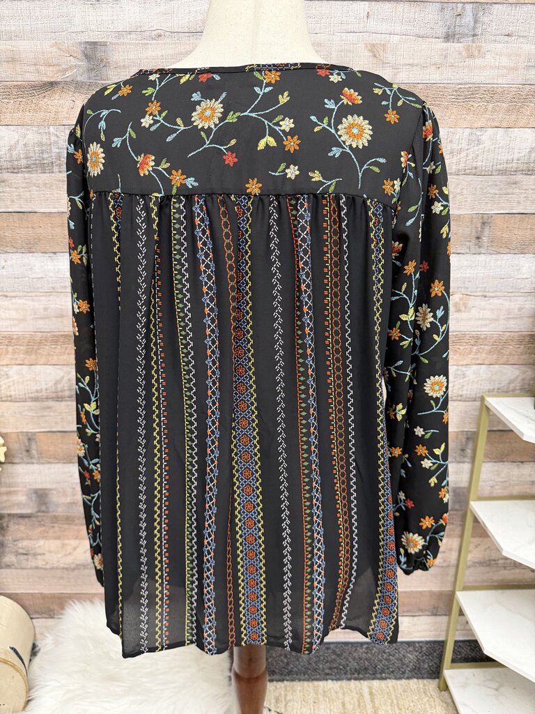 Chenault Black Orange Loral Print Peasant w/Peplum