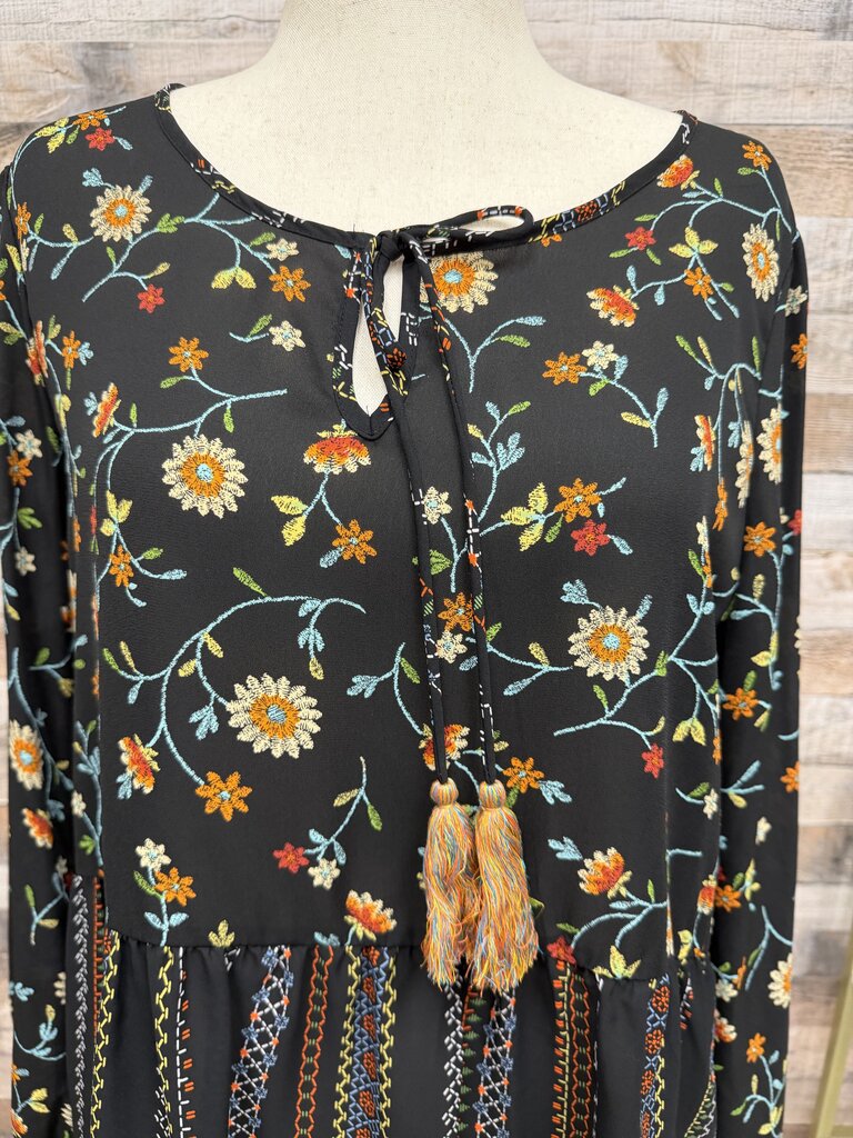 Chenault Black Orange Loral Print Peasant w/Peplum