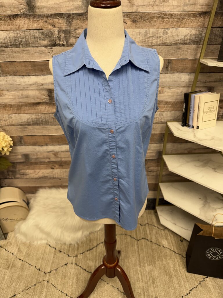Ann Taylor Lt Blue Sleeveless Pleated Button Down Blouse