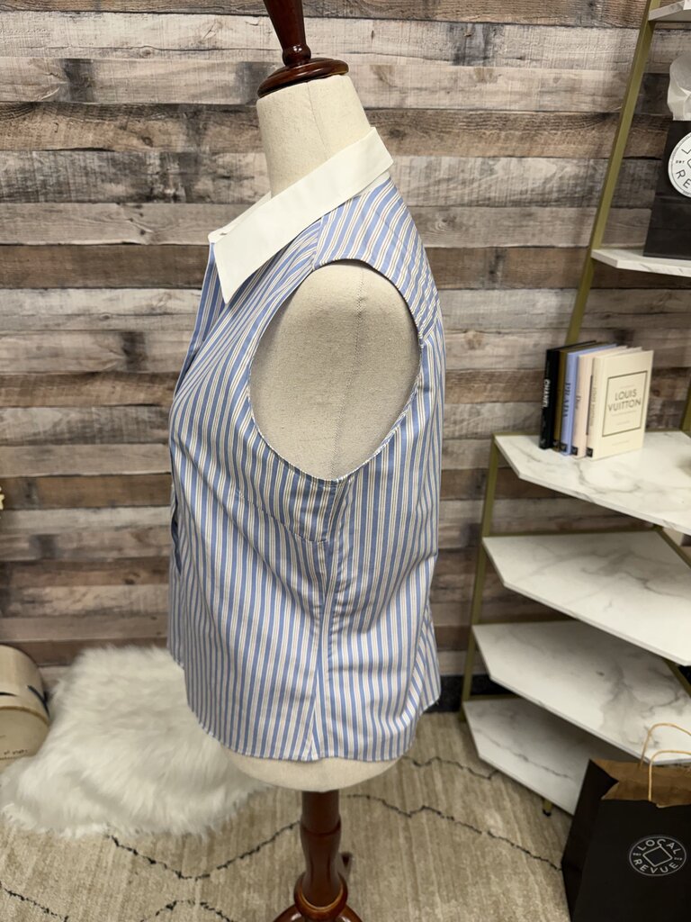 Ann Taylor Blue & White Striped Sleeveless Button Down