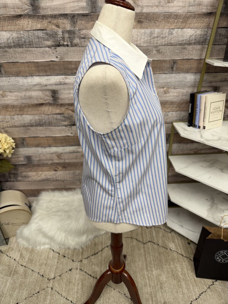 Ann Taylor Blue & White Striped Sleeveless Button Down