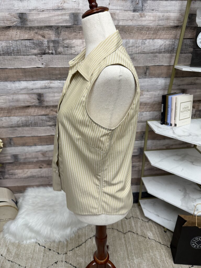 Ann Taylor Tan & White Striped Sleeveless Button Down