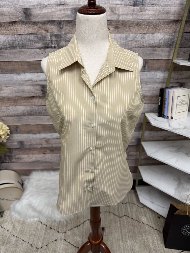 Ann Taylor Tan & White Striped Sleeveless Button Down