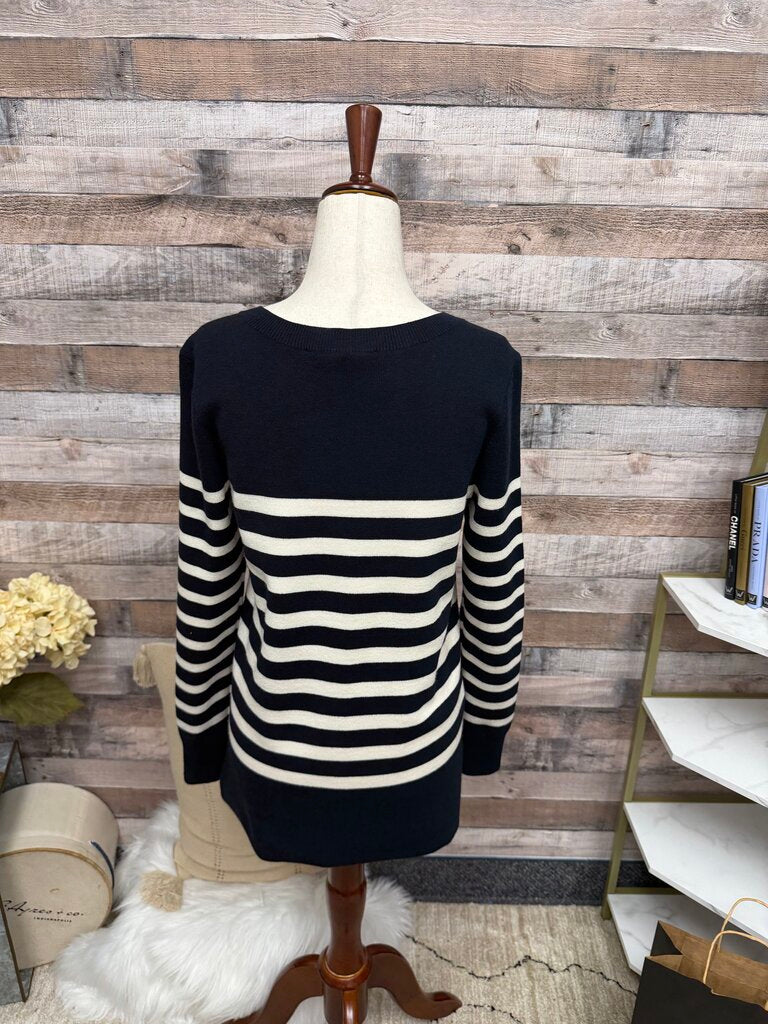 LOFT black with white stripes sweater buttons on shoulder