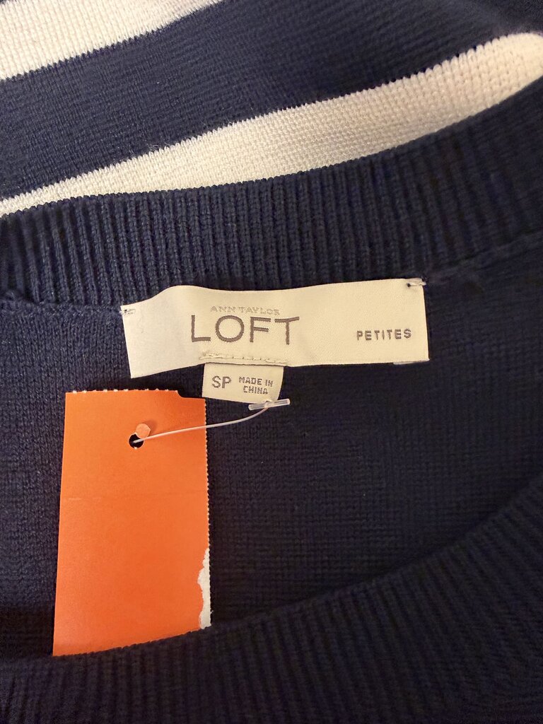 LOFT black with white stripes sweater buttons on shoulder