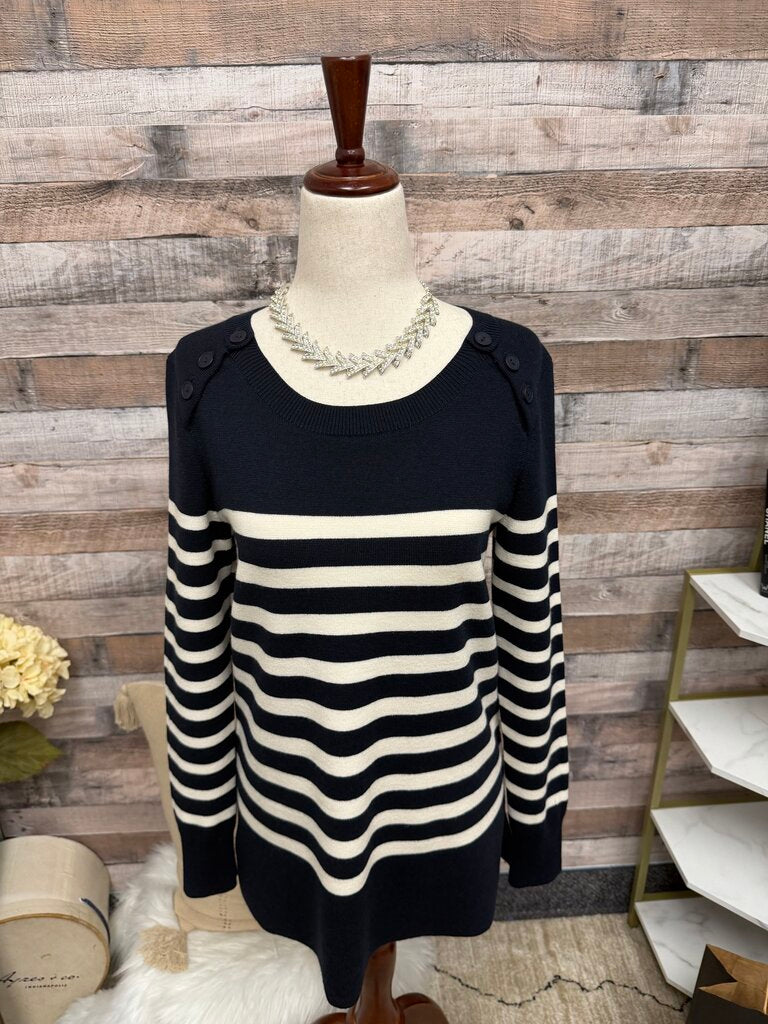 LOFT black with white stripes sweater buttons on shoulder
