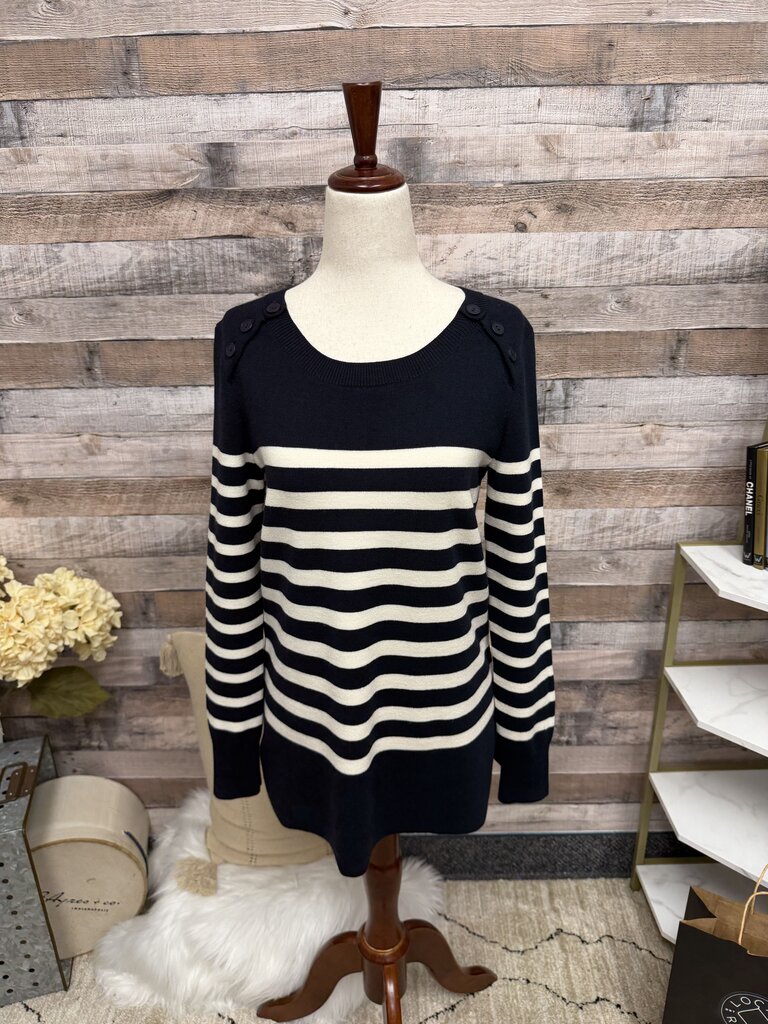 LOFT black with white stripes sweater buttons on shoulder