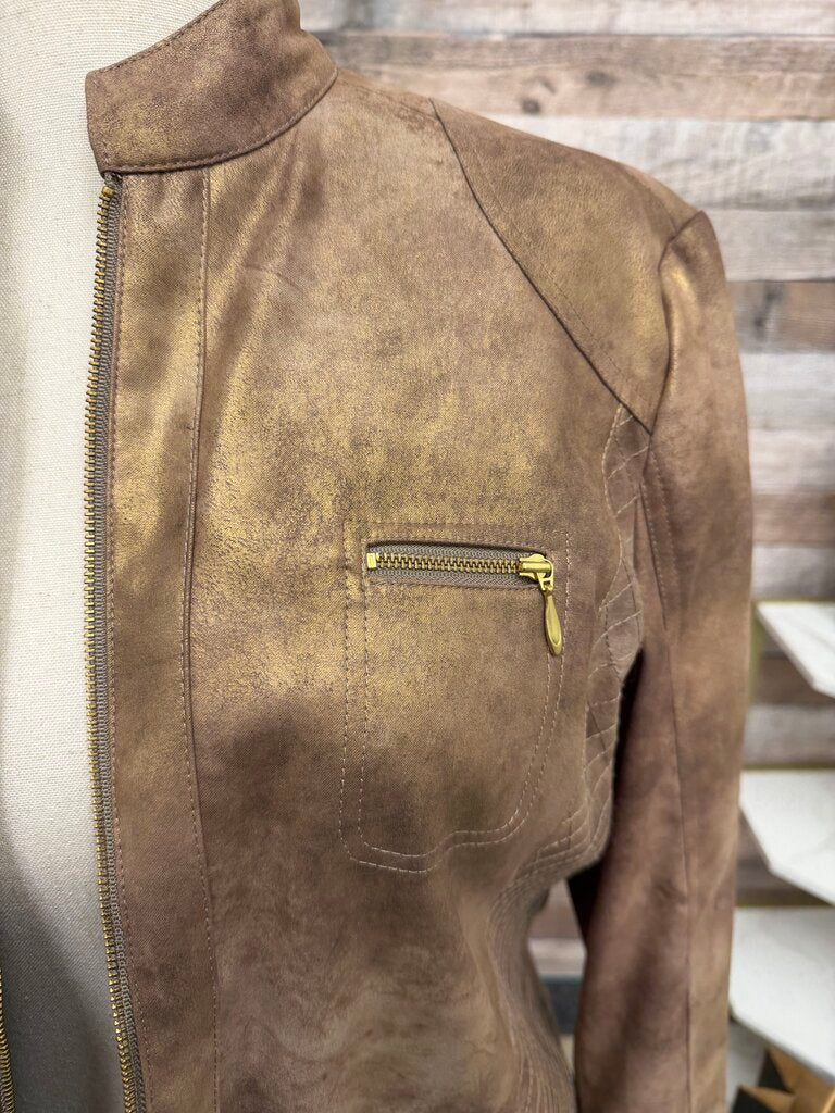 chicos metallic brown faux suede moto style jacket