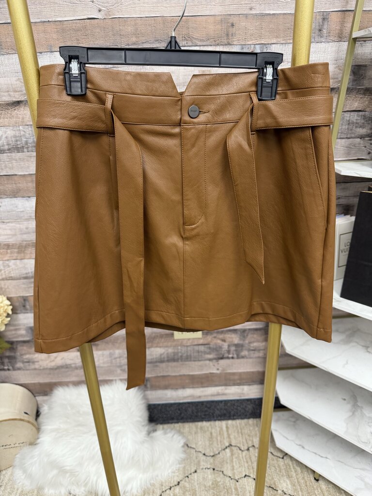 Paige NWT Faux Leather Brown Belted Mini Skirt