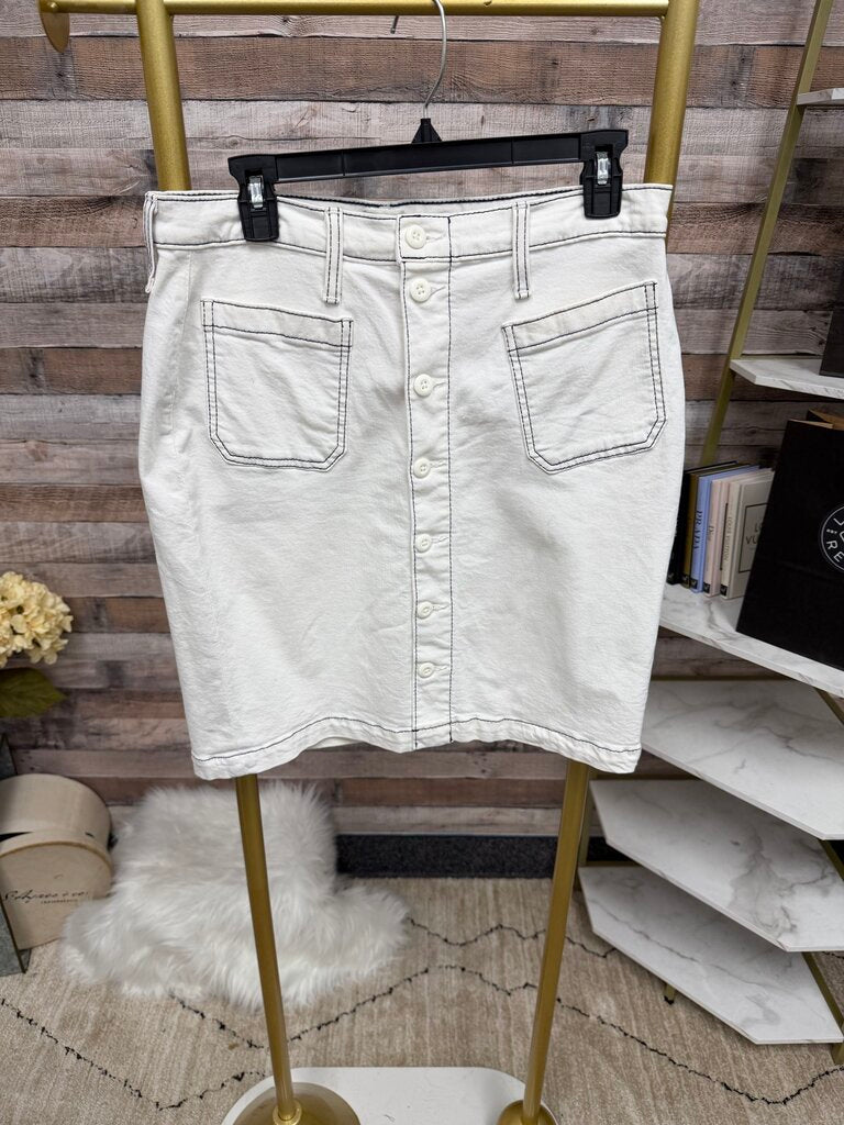 J. Crew White Denim Front Button Skirt With Blue Stitching