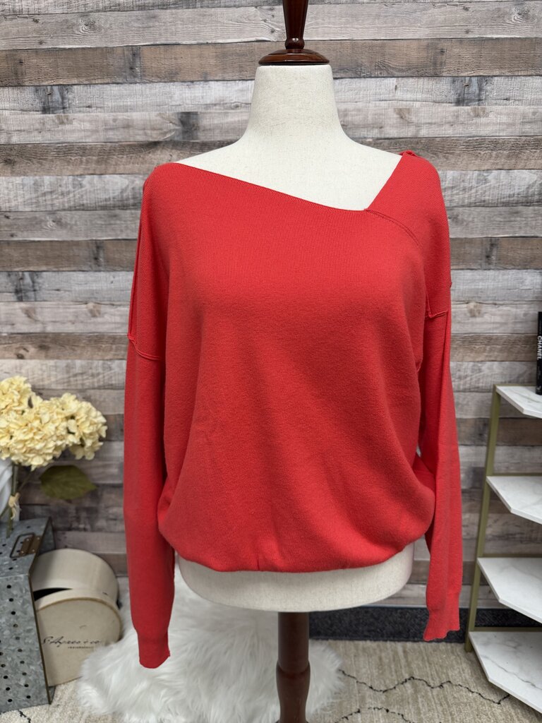 Line and Dot Red Asymmetrical Neckline Knit Top