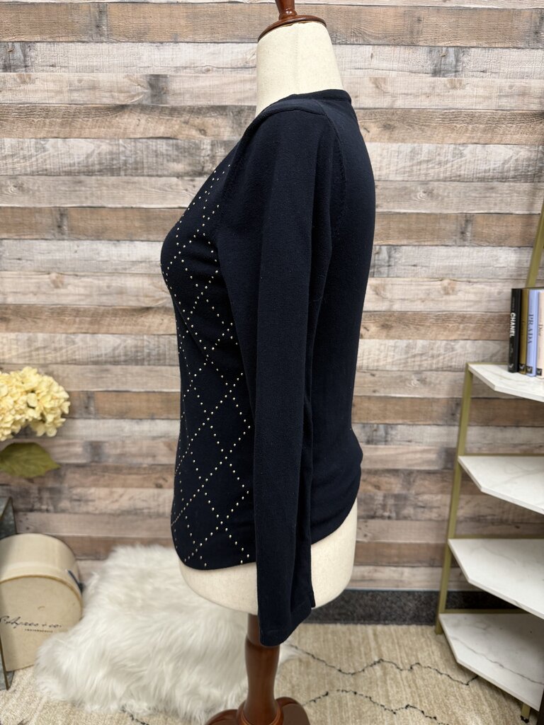 Tommy Hilfiger navy v-neck sweater with gold studded argyle pattern