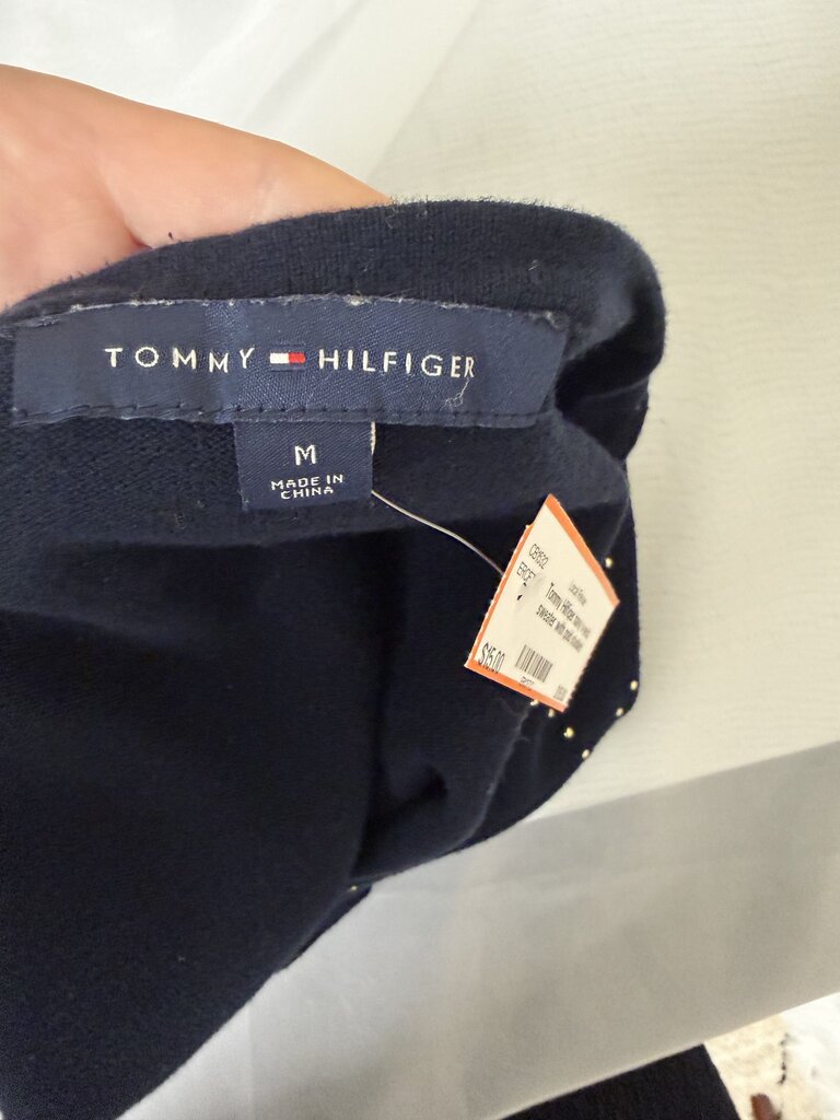 Tommy Hilfiger navy v-neck sweater with gold studded argyle pattern