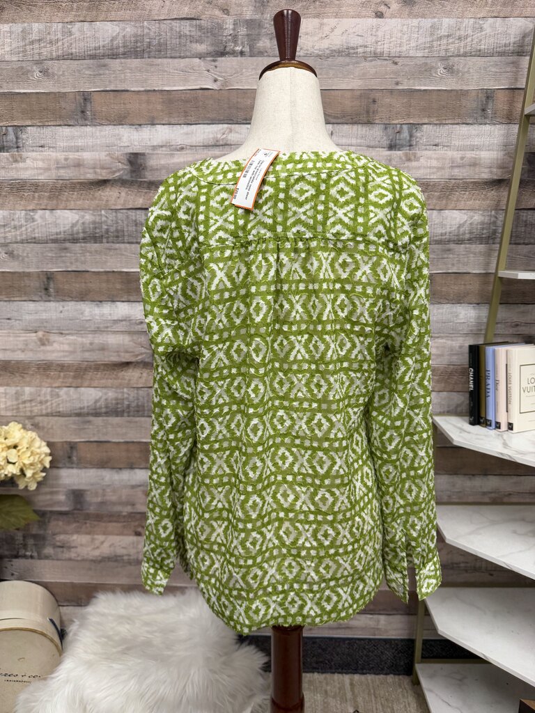 Chicos green/white semi sheer tunic top with geometric pattern