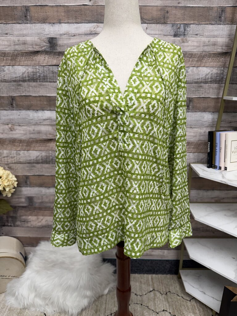 Chicos green/white semi sheer tunic top with geometric pattern