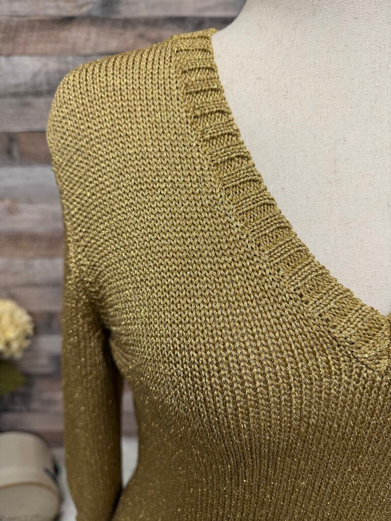Lauren Ralph Lauren gold metallic knit sweater v neck pullover