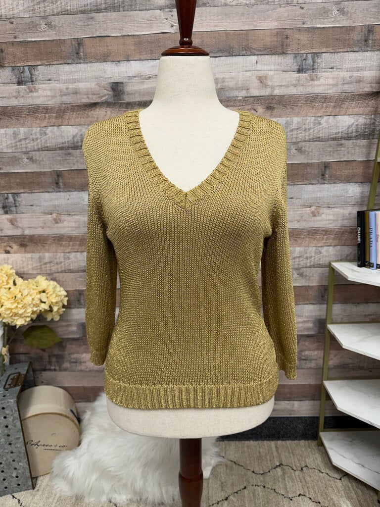 Lauren Ralph Lauren gold metallic knit sweater v neck pullover